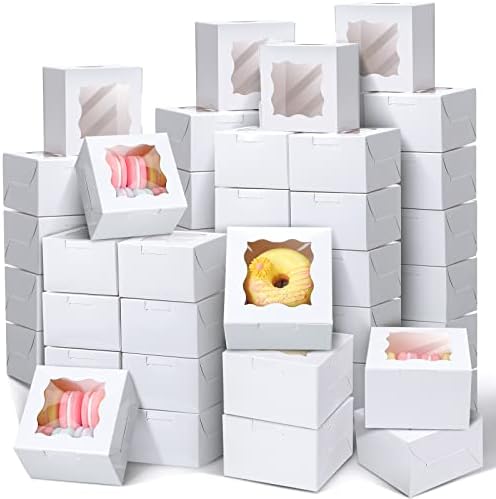 TAOBARY 200 PCS 4 polegadas caixas de padaria caixas de cozimento de cozimento com janela para cupcakes Candy Chocolate Strawberries Muffins Donuts and Party Favor 4x4x2.5 polegadas