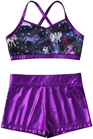 Liiyii crianças meninas 2 peças ginásticas unidades de sereia brilhante e sutiã com shorts define uma roupa atlética de líderes de dança