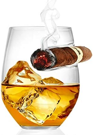 Bezrat Whisky Cigar Copos - Pacote de 2-10 oz - Double antiquado copo redondo com suporte de charuto montado lateral