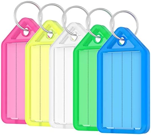 Uniclife 20 peças Tags -chave Tags de cadeia de chave de plástico de 2 polegadas com rótulos de papel em branco governados tampas transparentes e anéis divididos Identificadores de itens resistentes, 5 cores