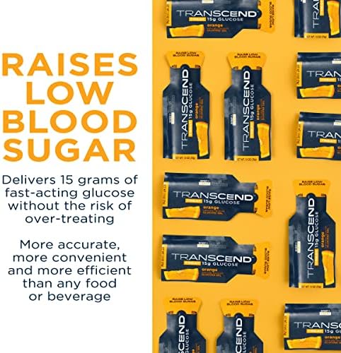 Transcend Gel Gel Packs - Orange, 50 pacote - FSA/HSA elegível - Gel de glicose para diabéticos, açúcar no sangue Suporte alternativo aos comprimidos de glicose - dose precisa de 15g, feita nos EUA