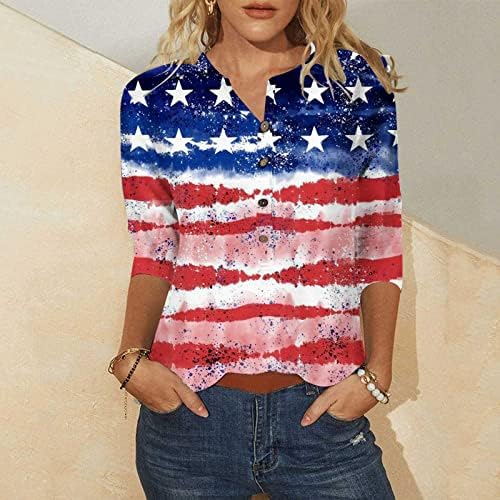 HGCCGDU feminino 4 de julho Henley Shirts EUA Flag Tees Impresso Blusa do cotovelo 2023 Férias 3/4 Camisas patrióticas de manga