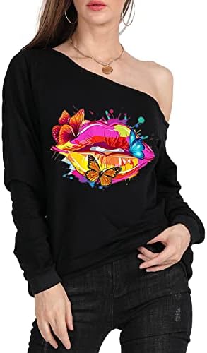 Magicmk Mulher Sweatershirt Lips Print Blouse causal do ombro de manga longa Pullover solto solto PLUS TAMPS TAMPOS