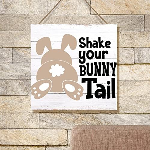 Swavecat Shake Your Bunny Tail Wall Art Decor sinal de Páscoa dizendo sinais rústicos ovos de Páscoa Fazenda Bunny Sinais de madeira Decoração de madeira para quarto da cozinha varanda 16x16in presente de inauguração da casa