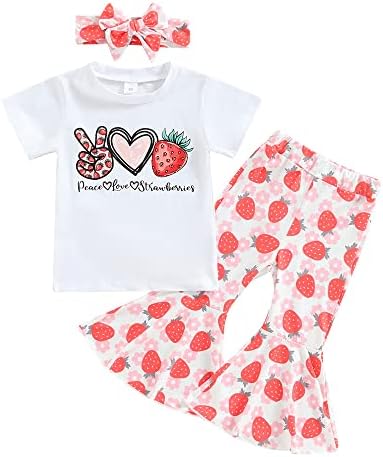 ZOIUYTRG CRIANÇAS CRIANÇAS CRIANÇAS MENINA MENINA Roupa de verão Strawberry Prind Manga curta Camiseta Tops Flare Ponta de cabeça 3pcs Roupas
