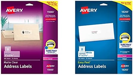 Avery Clear Eask Peel Endereço Etiquetas para impressoras a laser 1 x 2-5/8, pacote de 300 e casca de casca fácil etiquetas de