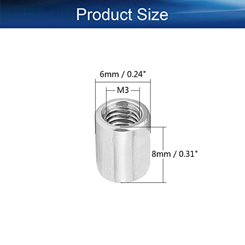 Heyiarbeit M3 Nozes de conector redondo, porca de acoplamento de aço carbono 8 mm/0,31 polegada de comprimento, pacote
