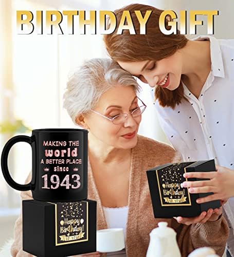 HENGHERE 80º aniversário Presentes para homens Mulheres, presente de aniversário de 80 anos, decorações de festa de aniversário de 80 anos, vintage - oito decorações de aniversário caneca de café, preto e ouro rosa 2