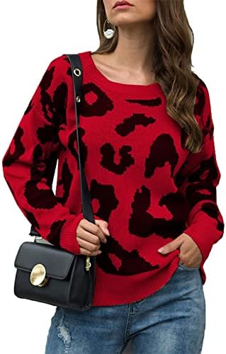 Suéter de malha feminina de malha de inverno o-pescoço de leopardo pullover de manga comprida suéter de manga longa moletom