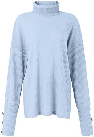 Suéteres de inverno feminino Turtleneck Top Pullover solto botão para cima de manga comprida Camisa de fundo de malha de cor sólida