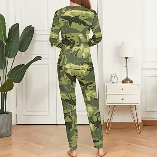 Camouflage Shark Pattern Pijamas feminino Conjunto de 2 peças Sleep Leve Manga Louve Louvewear