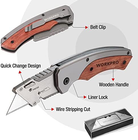 Faca de utilidade dobrável do WorkPro com clipe de cinto e lâminas extras de 10 peças, cortador de madeira e faca dobrável, cortador