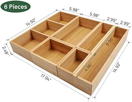 Organizador da gaveta de cozinha Kootek com divisores removíveis, 6 PCs 8 Grid Bamboo Organizador de talheres Organizadores de