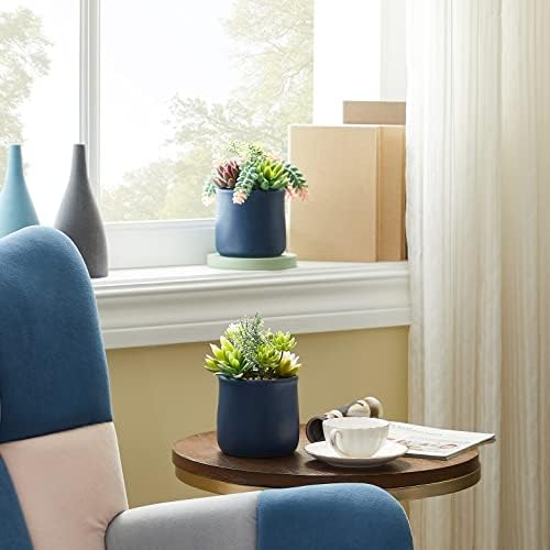 Astridia Artificial Succulent em vasos de cerâmica, 2 pacotes grandes plantas falsas falsas azul marinho para mesa, escritório, quarto, sala de estar, banheiro da prateleira