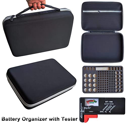 Caixa de armazenamento do organizador da bateria com testador: estojo de suporte da bateria com testador de bolsa de contêiner