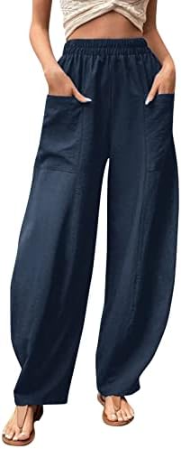 Calças de linho de algodão feminino Longo relaxado Fit Solid Color Lotera reta Cintura elástica Estream calças de perna