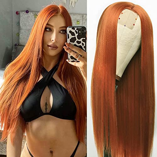 Fugady Ginger Wigs Cooper Red peruca reta Parte média de renda laranja perucas frontais para mulheres brancas peruca reta