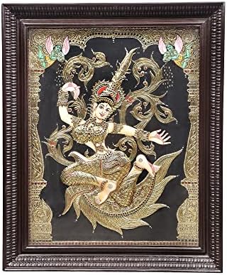 Índia exótica 28 x 34 deusa rati tanjore pintura | Cores tradicionais com ouro 24K | Quadro de teakwood | Ouro &