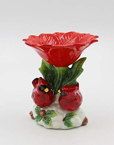 Cosmos Gifts Fine Ceramic Double Red Cardinal Birds com Red Poinsettia Flower Candy Prish, 5-1/2 h