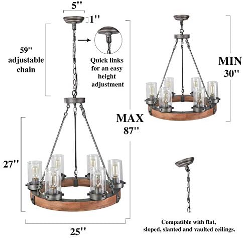 Lustre da fazenda da LNC, roda de madeira redonda com 6 luzes com tons de vidro semeados para jantar e sala de estar, quarto, cozinha e hall de entrada