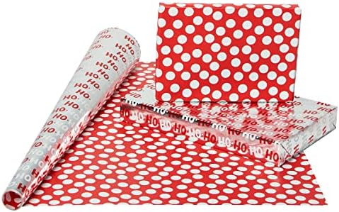 Saudações americanas pacote de papel de embrulho reversível de Natal, vermelho, preto e prata, faixa de cana, bonecos de neve e cinto de Papai Noel