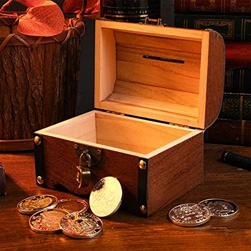 Caixa de jóias da CLISPEED Caixa de armazenamento de tesouro vintage Caixa de madeira Banco de cofre de porquinho Recipiente de armazenamento de madeira decorativo com fechadura para brinquedos lojas