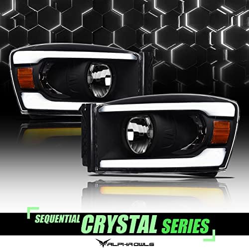 Alpha Owls 8709610 Faróis de cristal com luminária de LED sequencial e luz de startup-Black Amber Fits 2006-2008 Dodge Ram 1500/2006-2009