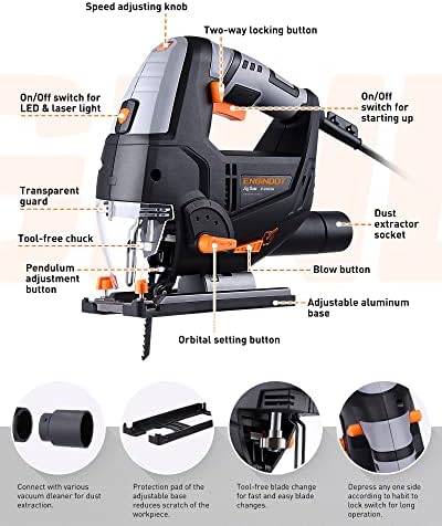 6,7 AMP 800W Jigsaw, engenharia de gabarito com 6 velocidade variável, laser e LED, 4 conjuntos orbitais, 6 lâminas, corte