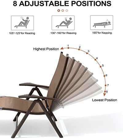 CrestLive produtos dobráveis ​​pátio cadeira de lounge para fora, conjunto de 2, cadeira reclinável de piscina externa ajustável em alumínio, moldura marrom, 8 posições