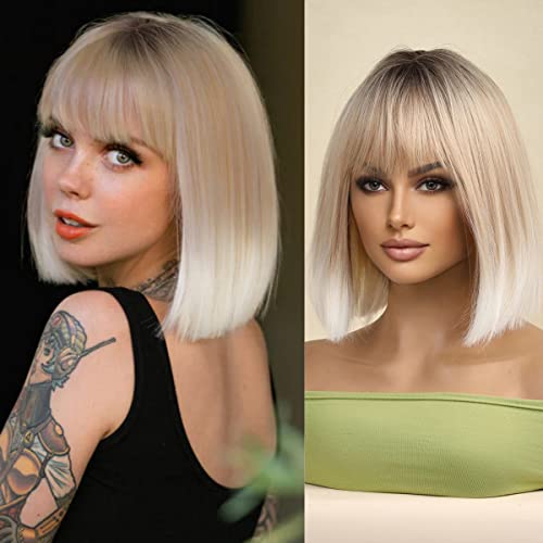 Sapphirewigs loira bob peruca com franja curta perucas para mulheres blonde de cinzas com dicas brancas sintéticas perucas para festa de cosplay 12 polegadas