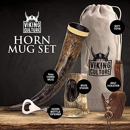 Cultura Viking 16 oz. Viking bebendo chifre com abridor de cerveja, suporte, coldre de cinto de pele genuíno e bolsa