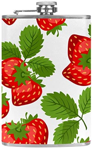 Balão de quadril para bebidas alcoólicas de aço inoxidável à prova de vazamentos com funil 7,7 oz de couro ótima ideia de presente Flask - Tropical Summer Fruit Strawberry Pattern