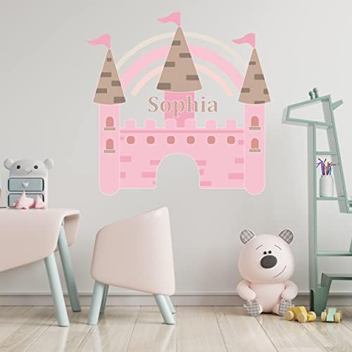 Meninas Nome Personalizado Decalque de parede com Castelo Pink Princess e Rainbow para decoração do quarto de bebê - Castle