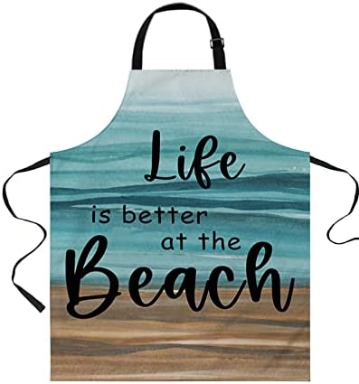 A vida é melhor nos aventais de cozinha da praia com bolsos, aventais de veemnto marrom praia de praia.