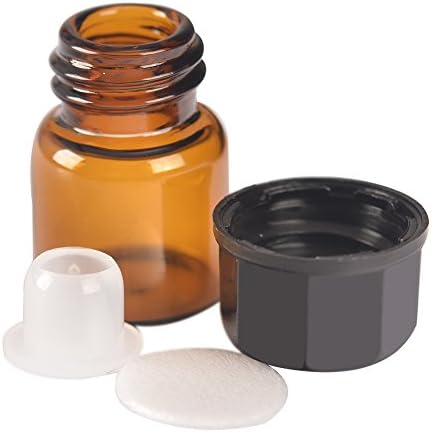 50 Pacote 1 ml 1/4 dram mini Óleos essenciais de vidro âmbar garrafas de amostra com tampas pretas para óleos essenciais,