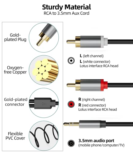 Snllmzi 2Pack RCA a cabo de 3,5 mm, cabo de áudio RCA 24K Gold Bated Male para Male Jack Adaptador para conectar um