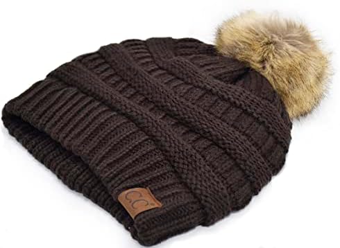 C.C Trendy Whar Mold Stretch Cable Knit Rospete com peles Faux Pom Pom Pom Fuzzy Sherpa Fleece Lined Skull Cap Cuff Beanie Hat