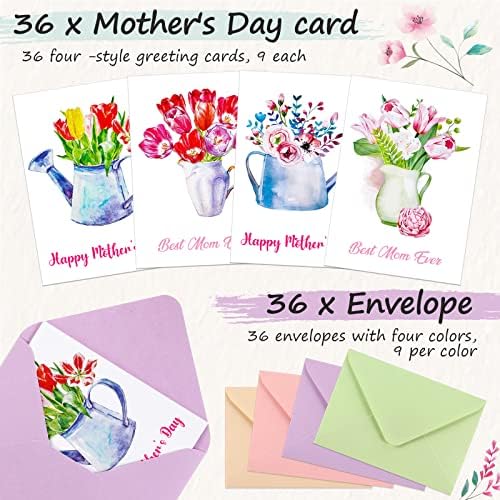 Jutom 36 Defina o cartão do dia das mães a granel de 4 x 5,5 polegadas cartões florais variados e envelopes pequenos cartões