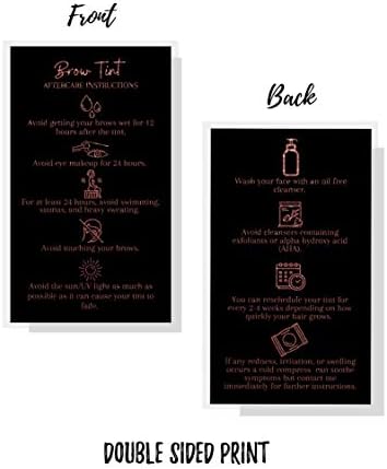 Cartões de instrução para pós -tratamento da Brow TINT | 50 pacote | Tamanho do cartão de visita de 2 x 3,5 polegadas | Kit de elevador inicial com tonalidade em casa Os suprimentos para cuidados pós -tratamento | Preto com design de ouro rosa
