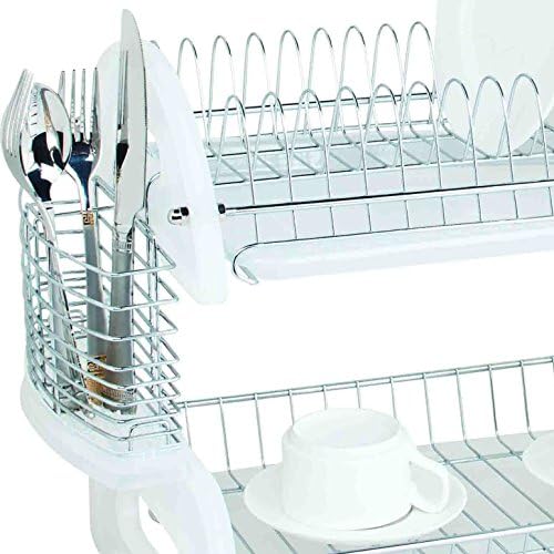 Home Basics Basics Plástico Rack de esbrançador de pratos, secagem e organização de ar, talheres montados laterais, branco