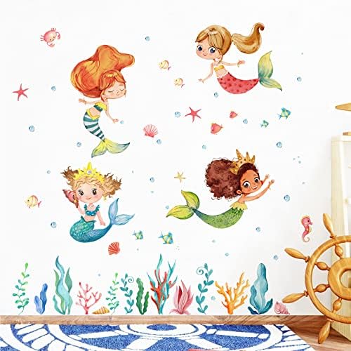 Mfault sereia multicultural sob os adesivos de decalque da parede de animais do mar, criatura oceânica Life marinha decoração de