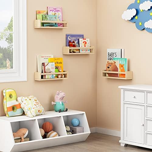 Forbena Natural Wood Livros Prateleiras de Livros Montada na parede, estante de livros flutuantes para o quarto de crianças, brinquedos e livros de estantes de organizador de armazenamento para criança banheiro do quarto infantil