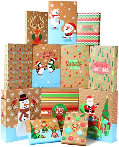 Joyin 24 PCs Caixa de presente de camisa de Natal variada, 3 tamanhos 12 Designs Kraft Toke various Shrap Box Set com tampas, adesivos de tag de base e presente para embrulho de presentes, decoração de embrulho presente