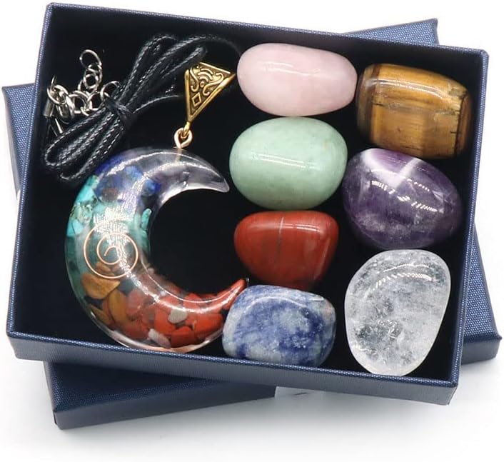 Torong 8 PCs Chakra Healing Crystal Stones Kit, colar de cristal em forma de lua de orgonita e 7 pedras naturais, cristais de energia meditação, reiki, decoração