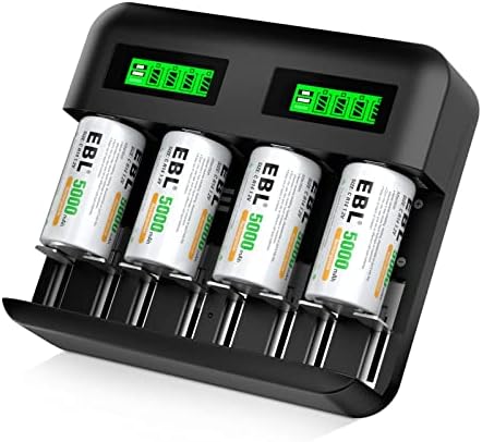 EBL Baterias C recarregáveis ​​e carregador de bateria recarregável LCD para baterias recarregáveis ​​Ni-MH AAA C D