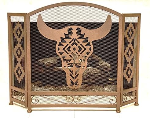 Decorativo rústico dobrável 3 painel Southwest Tribal Bull Skull Fireplace Screen Cabin Lodge Farmhouse Ranch Native American