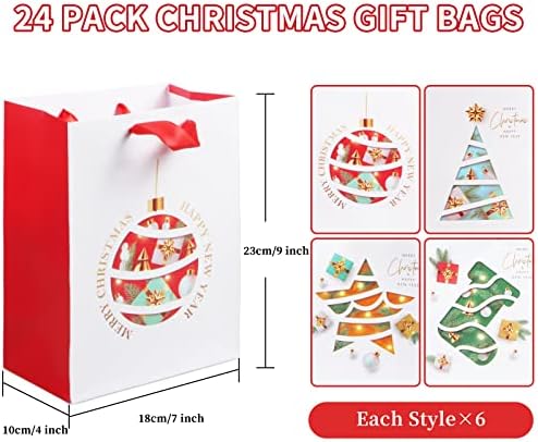 Sacos de presente de natal, 24 Pack Christmas Kraft Paper Sacols com alças, 4 desenhos de Natal 7x4x9 polegadas Holiday Natal sacos