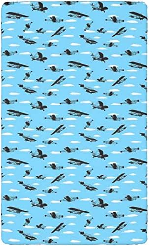 Lençóis de berço ajustados com tema de avião vintage, lençóis de berço portáteis folhas de berço macias e elásticas para meninas para meninas, 24 “x38“, azul claro e branco de preto e branco