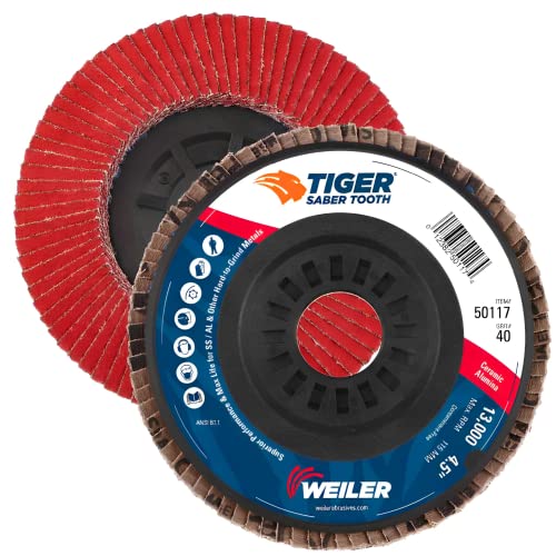 Weiler 50117 4-1/2 Tiger Ceramic Abrasive Flap Disc, ângulo, suporte de arboras, 40c, 7/8 Arbor Hole, fabricado nos EUA