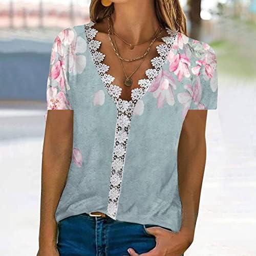 Moda feminina primavera no verão de mangas curtas de renda Blusa de decote em vaca casual blusa de decote em vil de renda